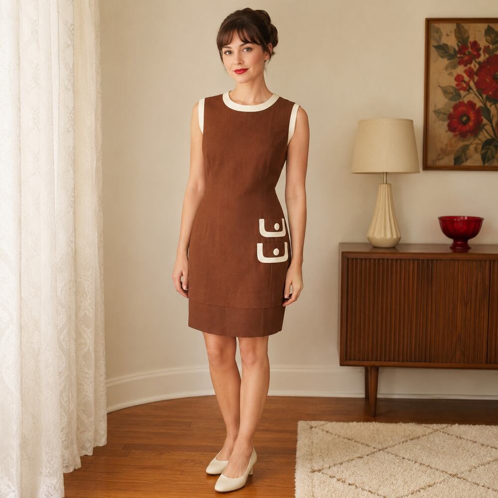 80s Donna Ricco Brown Cream Mod Sheath Dress Sleeveless Size - S